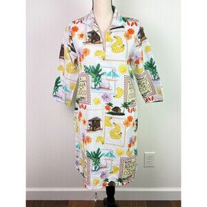 Terzo Millennio Italy Tropical Novelty Print Linen Cotton Dress Coastal Small